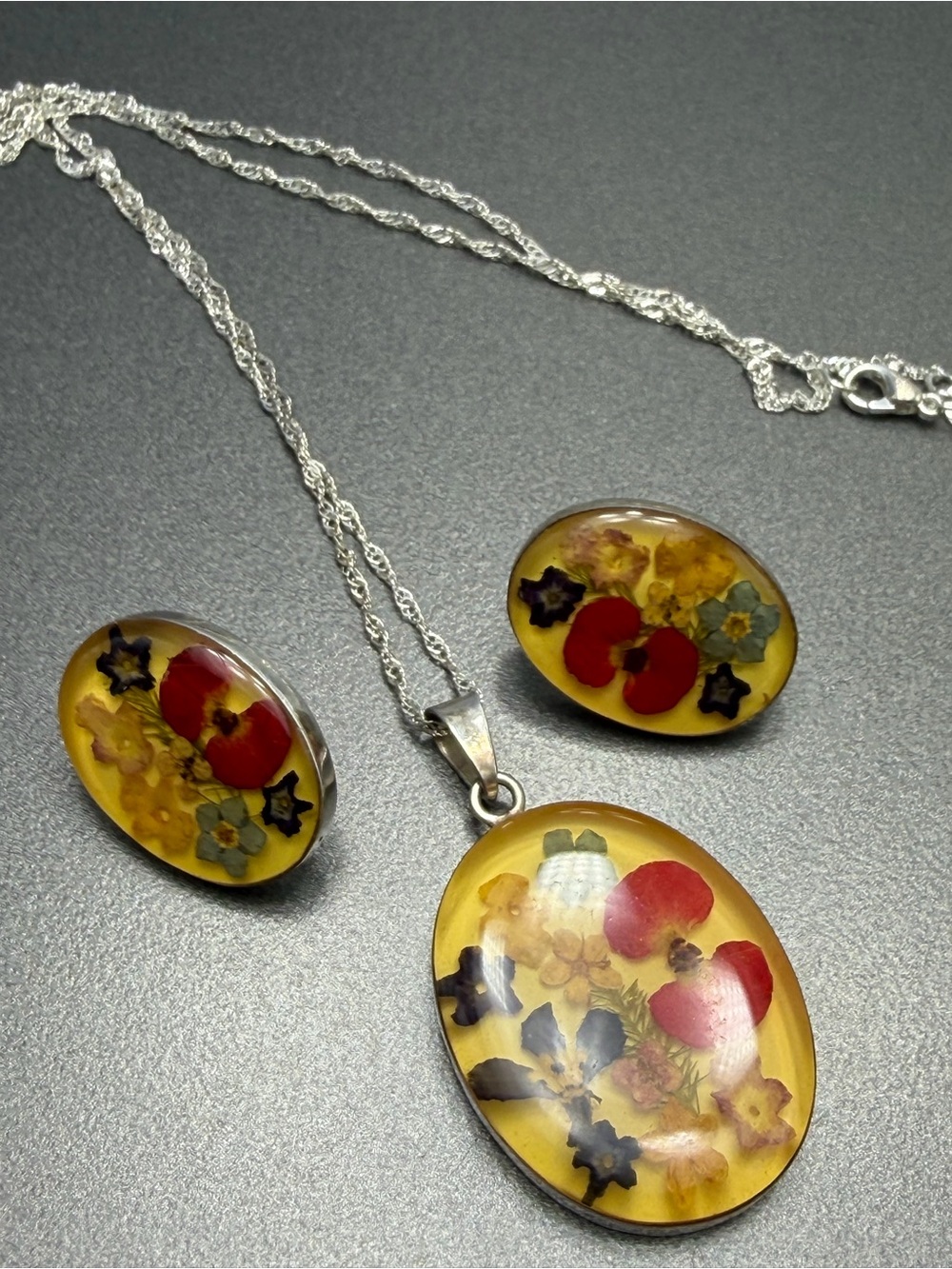 Sterling Silver  Floral Resin Pendant Necklace and pierced Earrings